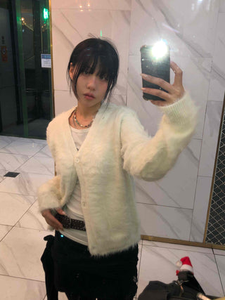 Textured Gradient V-Neck Balloon Sleeve Fur Cardigan