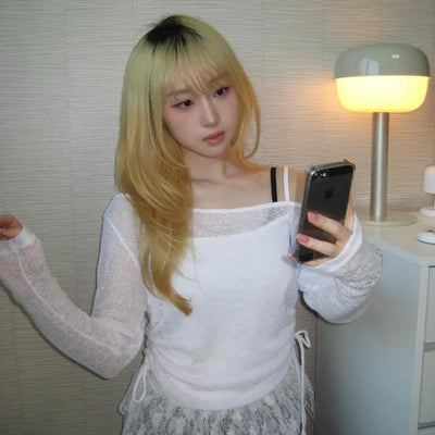 Two-Tone See-Through Lace Contrast Drawstring Crop Knit