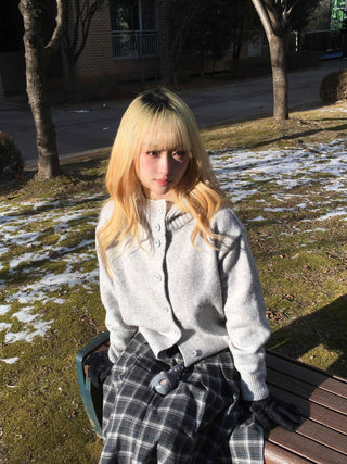 String Tape Point Zip-Up Crop Knit Cardigan