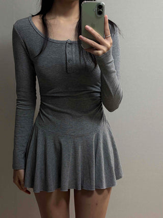 Glam Button Neck Chiffon Pleated Cozy Dress
