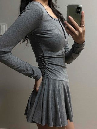 Glam Button Neck Chiffon Pleated Cozy Dress