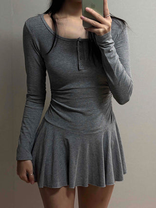 Glam Button Neck Chiffon Pleated Cozy Dress
