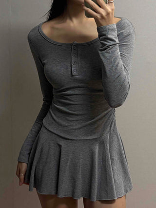 Glam Button Neck Chiffon Pleated Cozy Dress