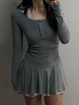 Glam Button Neck Chiffon Pleated Cozy Dress