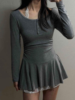 Glam Button Neck Chiffon Pleated Cozy Dress