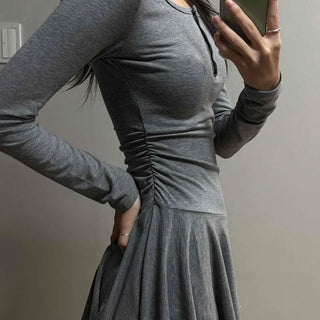 Glam Button Neck Chiffon Pleated Cozy Dress