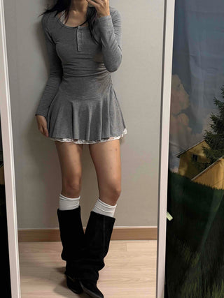 Glam Button Neck Chiffon Pleated Cozy Dress