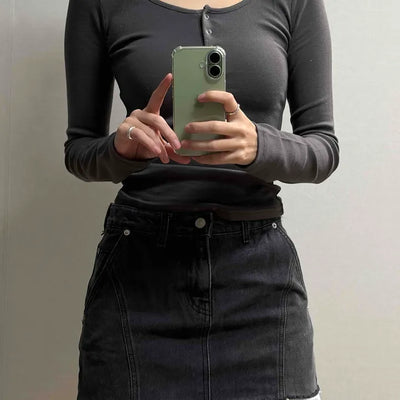 Square Rib Neck 3-Button Cropped Layered Long Sleeve T-Shirt