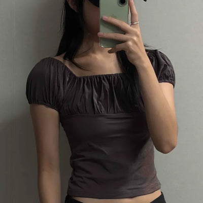 Crinkle Shirred Square Neck Crop Short Sleeve Blouse