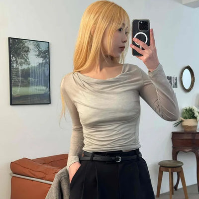 Wide Square Neck Shirred Bustier Long Sleeve T-shirt