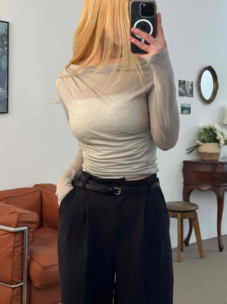Wide Square Neck Shirred Bustier Long Sleeve T-shirt