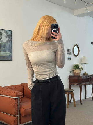 Wide Square Neck Shirred Bustier Long Sleeve T-shirt