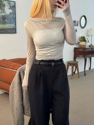 Wide Square Neck Shirred Bustier Long Sleeve T-shirt