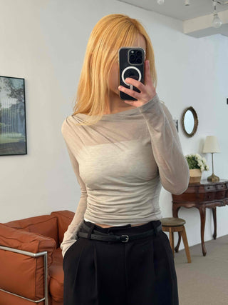 Wide Square Neck Shirred Bustier Long Sleeve T-shirt