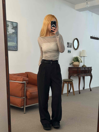 Wide Square Neck Shirred Bustier Long Sleeve T-shirt