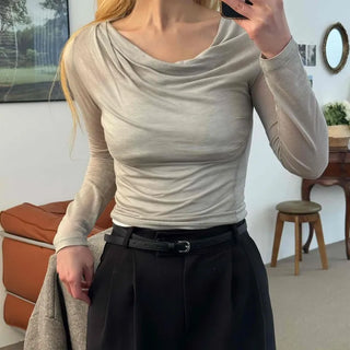 Wide Square Neck Shirred Bustier Long Sleeve T-shirt