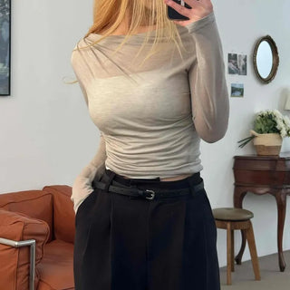 Wide Square Neck Shirred Bustier Long Sleeve T-shirt