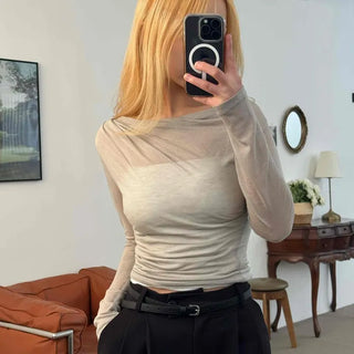Wide Square Neck Shirred Bustier Long Sleeve T-shirt