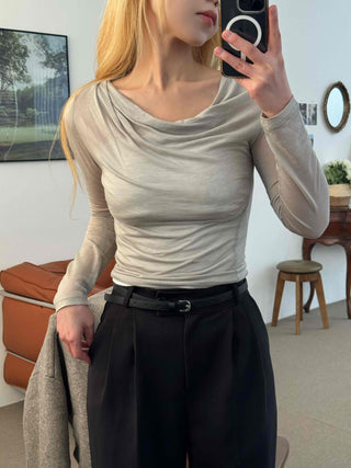 Wide Square Neck Shirred Bustier Long Sleeve T-shirt