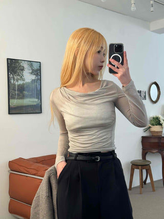 Wide Square Neck Shirred Bustier Long Sleeve T-shirt