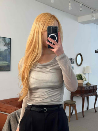 Wide Square Neck Shirred Bustier Long Sleeve T-shirt
