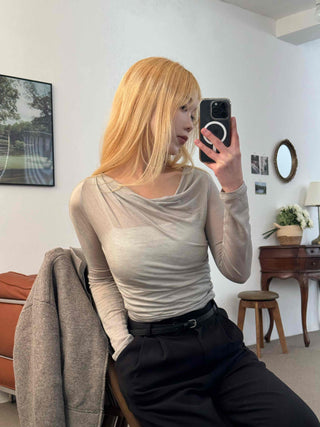 Wide Square Neck Shirred Bustier Long Sleeve T-shirt
