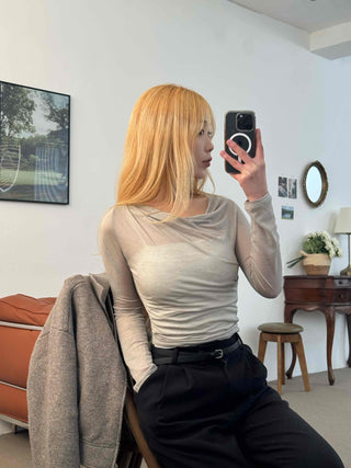 Wide Square Neck Shirred Bustier Long Sleeve T-shirt