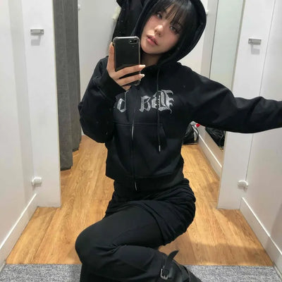 Glitter Lettering Loose Fit Oversized Zip-Up Hoodie