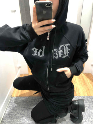 Glitter Lettering Loose Fit Oversized Zip-Up Hoodie