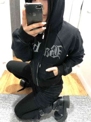 Glitter Lettering Loose Fit Oversized Zip-Up Hoodie