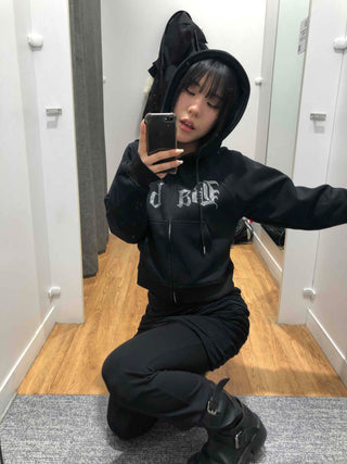 Glitter Lettering Loose Fit Oversized Zip-Up Hoodie