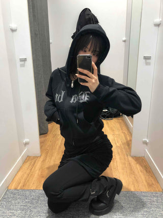 Glitter Lettering Loose Fit Oversized Zip-Up Hoodie