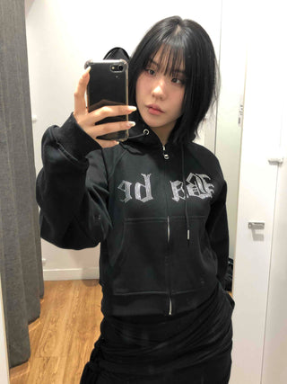Glitter Lettering Loose Fit Oversized Zip-Up Hoodie
