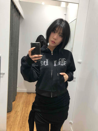 Glitter Lettering Loose Fit Oversized Zip-Up Hoodie