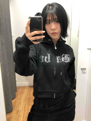 Glitter Lettering Loose Fit Oversized Zip-Up Hoodie