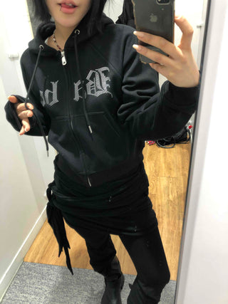 Glitter Lettering Loose Fit Oversized Zip-Up Hoodie