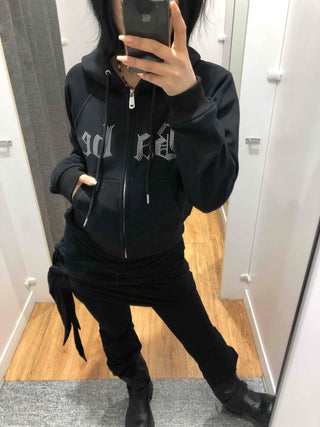 Glitter Lettering Loose Fit Oversized Zip-Up Hoodie