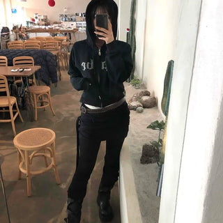 Glitter Lettering Loose Fit Oversized Zip-Up Hoodie