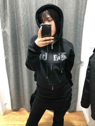 Glitter Lettering Loose Fit Oversized Zip-Up Hoodie