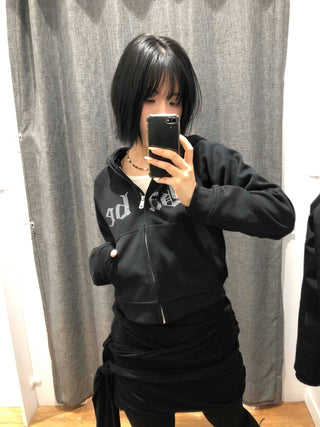 Glitter Lettering Loose Fit Oversized Zip-Up Hoodie