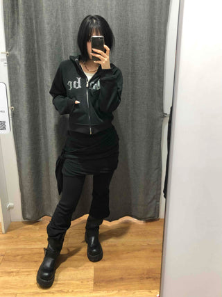 Glitter Lettering Loose Fit Oversized Zip-Up Hoodie