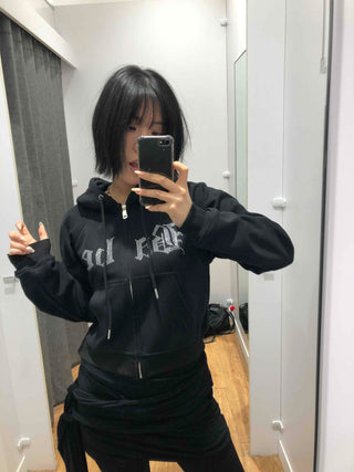 Glitter Lettering Loose Fit Oversized Zip-Up Hoodie
