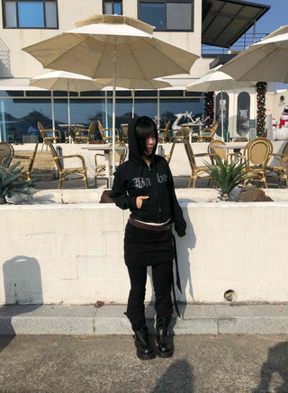 Glitter Lettering Loose Fit Oversized Zip-Up Hoodie