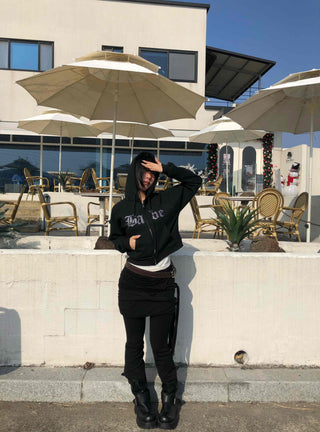 Glitter Lettering Loose Fit Oversized Zip-Up Hoodie