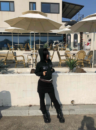 Glitter Lettering Loose Fit Oversized Zip-Up Hoodie
