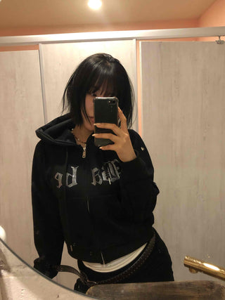 Glitter Lettering Loose Fit Oversized Zip-Up Hoodie