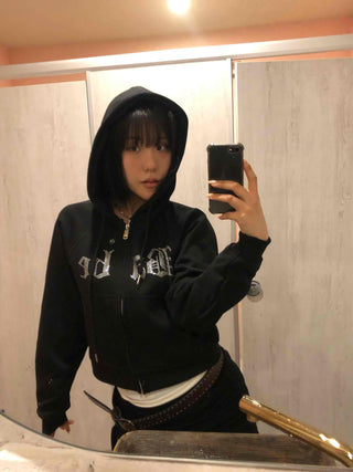 Glitter Lettering Loose Fit Oversized Zip-Up Hoodie
