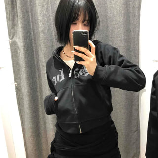 Glitter Lettering Loose Fit Oversized Zip-Up Hoodie