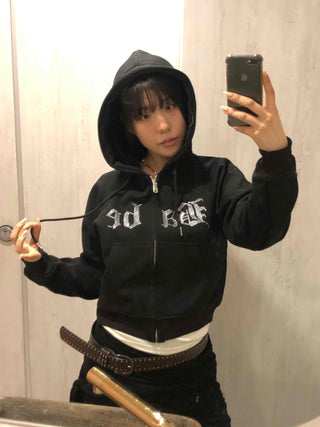 Glitter Lettering Loose Fit Oversized Zip-Up Hoodie