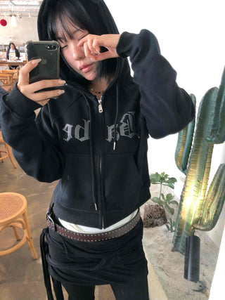 Glitter Lettering Loose Fit Oversized Zip-Up Hoodie